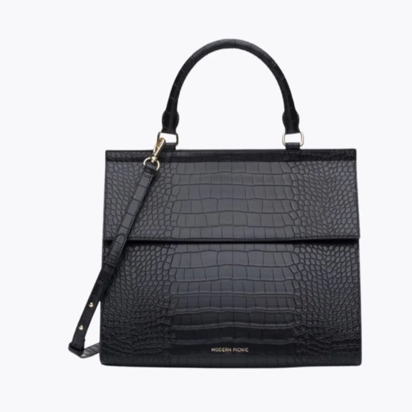 Modern Picnic Large Luncher Tote in Black Croc – Vegan Leather Chic!